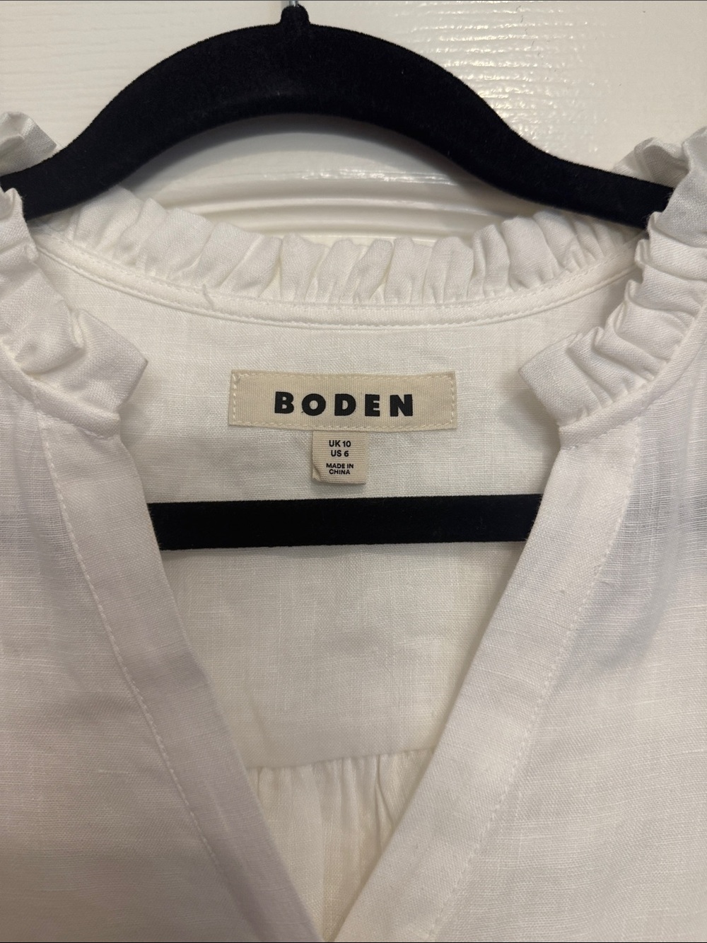 Boden White Linen V-Neck Ruffle-Trim Blouse - Picture 2 of 4